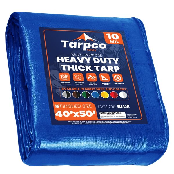 Tarpco Safety 40 ft x 50 ft Heavy Duty 10 Mil Tarp, Blue